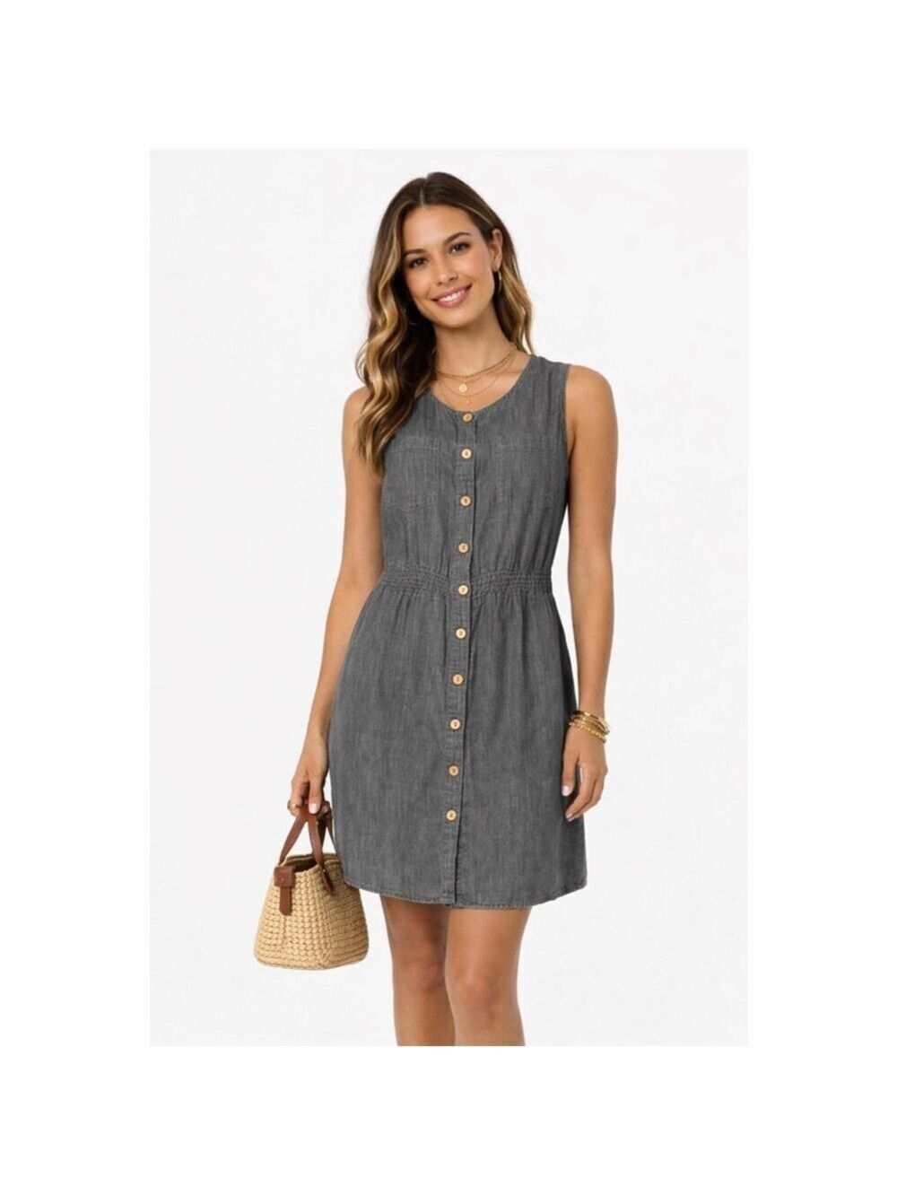 GRAMICCI 100% Organic Cotton Sleeveless Mini Dress Button Front Elastic Waist